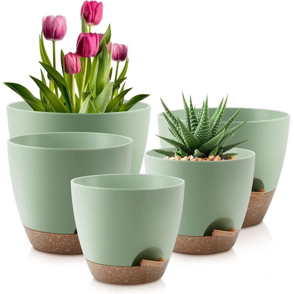 Set Of 5 Self Watering Plastic Plant Pots