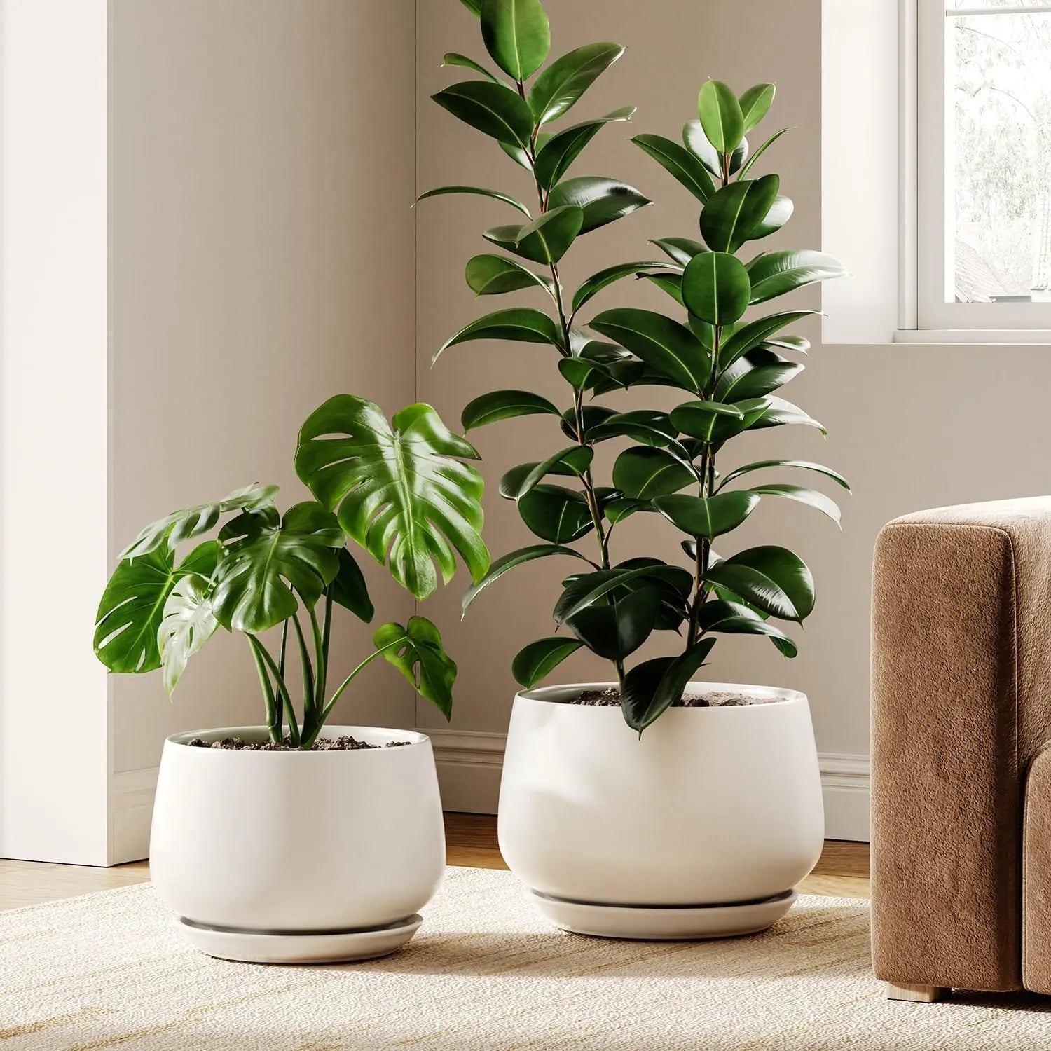 Set Of 2 Ceramic Plant Pots With Saucers